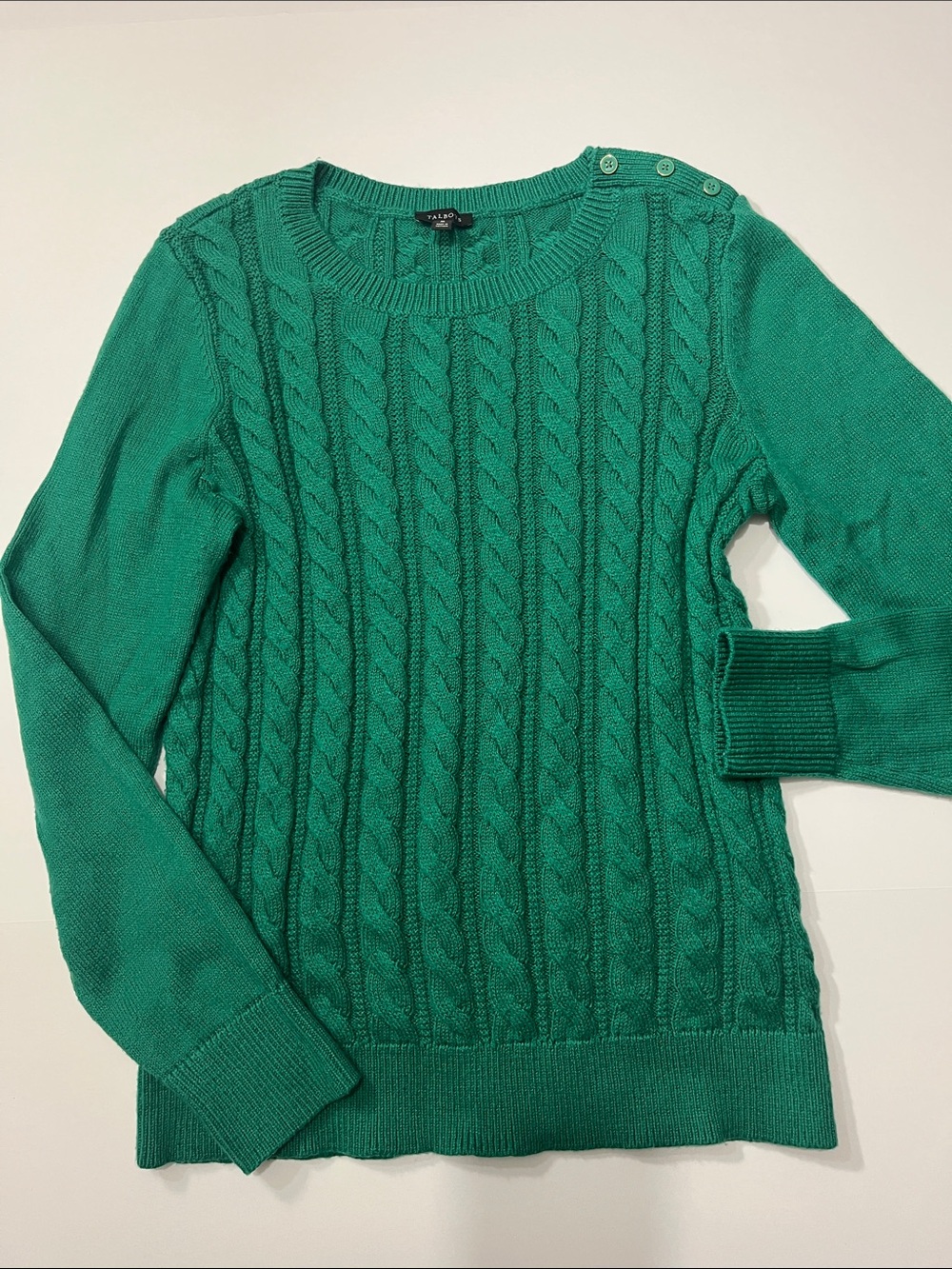 Talbots Green Cable-Knit Crew Sweater with Shoulder Buttons